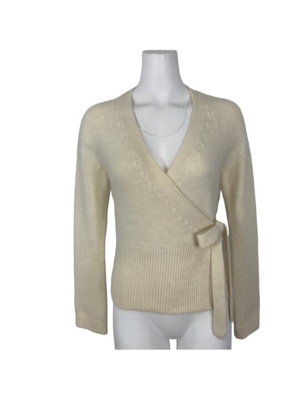 ANN TAYLOR Cream Wrap Cardigan with Waist Tie real rabbit hair wool